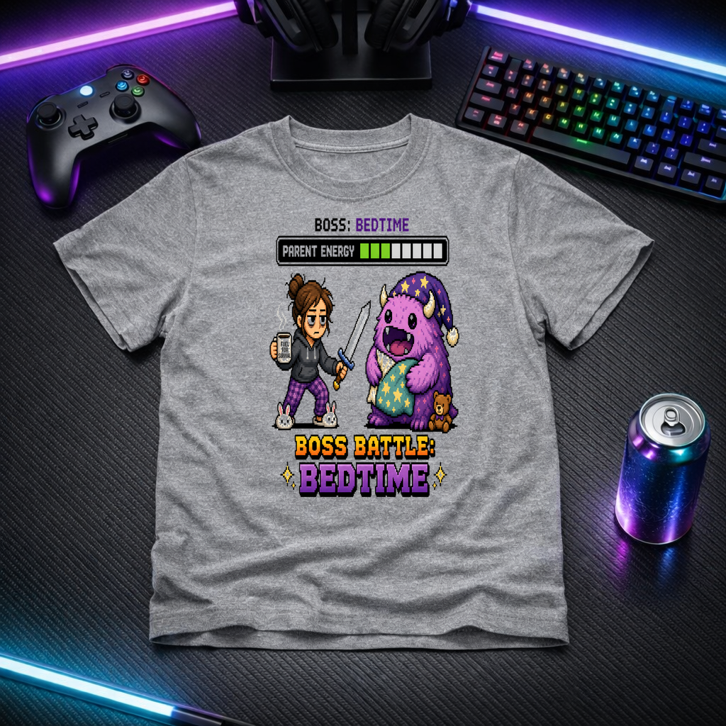 Boss Battle Bedtime gaming t-shirt mockup
