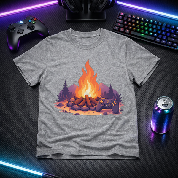 Gray t-shirt with a campfire and gaming controller design on a desk with gaming accessories.