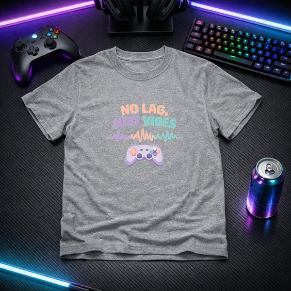 Gray t-shirt with colorful text and gaming controller graphic on a desk with gaming accessories.