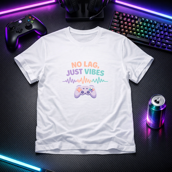 White t-shirt with 'No Lag, Just Vibes' text and gaming controller graphic on a dark surface with gaming accessories.